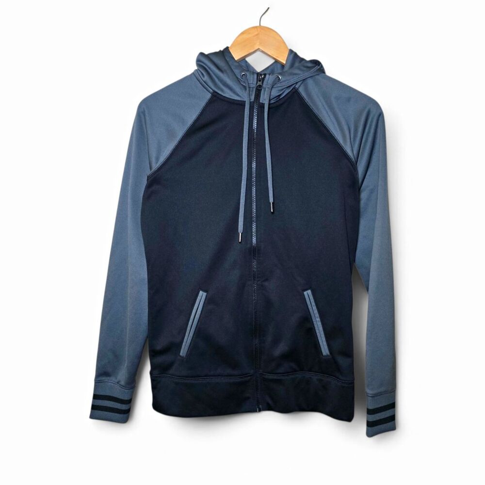 Sport-Tek Full Zip Hoodie Jacket Womens Small Black Grey Raglan Sleeves Striped